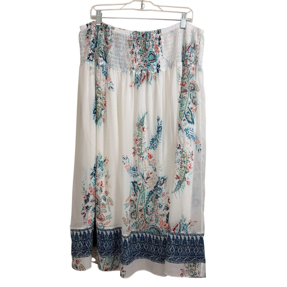 J Jill White Paisley Broom Maxi Skirt Smocked Waist Sz L Lightweight Oversized
